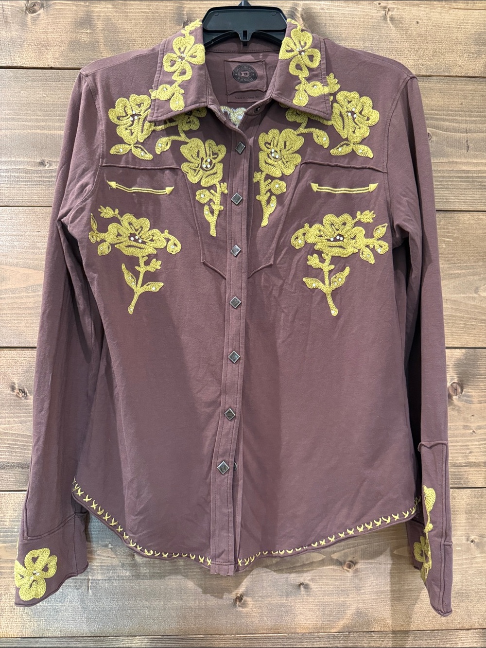 Double D Ranch Brown Button-Down Shirt with Yellow Floral Embroidery